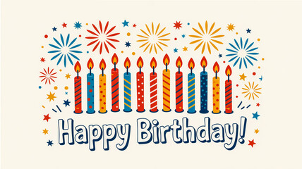 Obraz premium A whimsical hand-drawn birthday scene with colorful candles and vibrant fireworks on a clean white background
