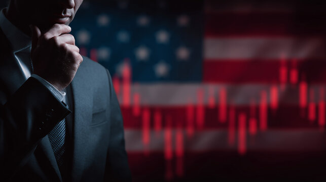 Close-up of a businessman thinking with a stock market graph and American flag in the background