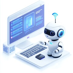 AI robot assisting with data analysis on computer.