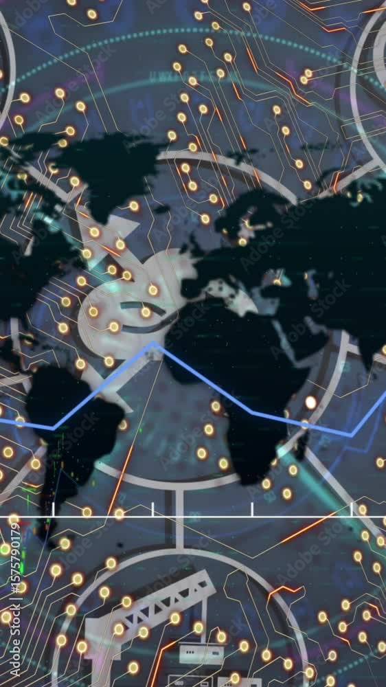Poster animation of multiple graphs over connected icons against circuit board pattern in background