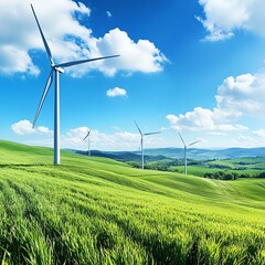 Wind turbines in a green field under a blue sky. (1)
