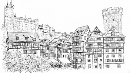 Obraz premium Hand-drawn illustration of a medieval european city.