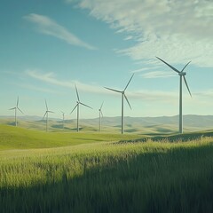 Wind turbines on a green field under a blue sky.