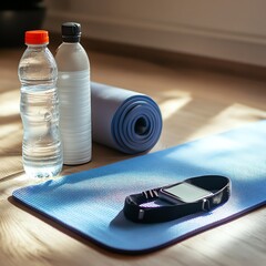 Yoga mat, water bottles, and fitness tracker on wooden floor.