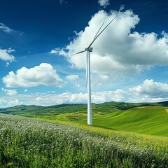 Wind turbine in a green field under a blue sky with fluffy clouds.