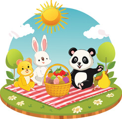 Naklejka premium Bunny, chick, puppy, and panda sharing pastel treats and fruit on a picnic mat, flowers and sunshine in the background