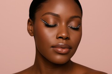 A beautiful young woman with striking glitter eyeliner and full lashes