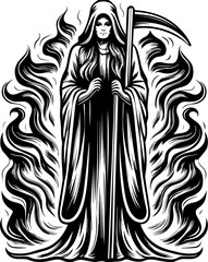 Obraz premium SVG of a female grim reaper with a haunting skull design. Mysterious Female Figure in Hooded Cloak with Scythe and Flames