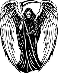 SVG of a female grim reaper with a haunting skull design. Dark Grim Reaper with Large Wings Holding a Scythe in Black and White