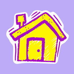 A hand-drawn yellow house icon with a purple outline on a lilac background is an illustration of a cozy house in a sketchy style.