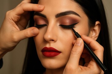 Makeup artist applies perfect winged eyeliner to a womans eye