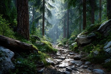Fototapeta premium Sunlight filtering through forest trees on a rocky path surrounded by lush greenery