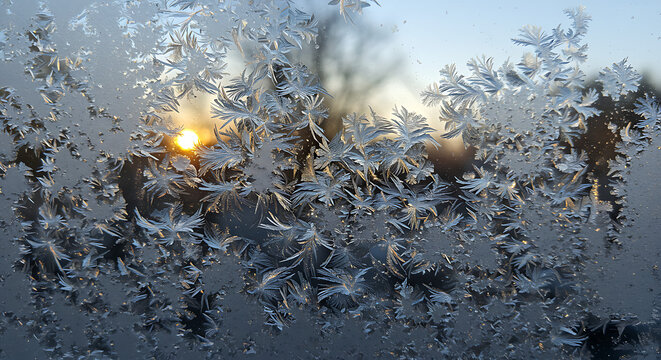 Intricate and beautiful frost patterns spreading across a windowpane, with subtle sunlight glimpsing through in the background, showcasing winter's delicate art.
