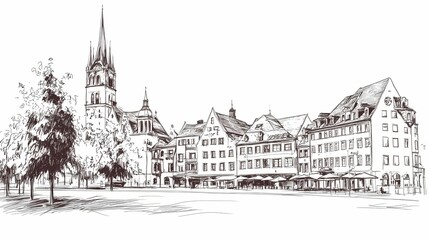 Obraz premium Hand-drawn sketch of a european city square.
