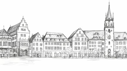 Obraz premium Hand-drawn illustration of a historic European city street scene.