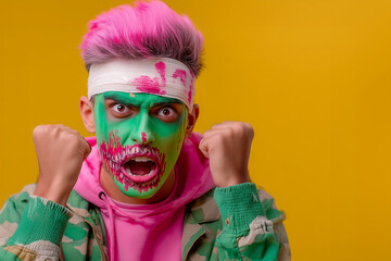 A stylish man with painted face, dressed in green, pink, and yellow tones, striking a bold pose — a vibrant and playful take on the classic Halloween theme.