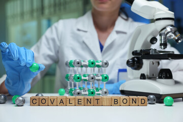 A scientist demonstrates covalent bonds using a detailed molecular model in a lab, enhancing...