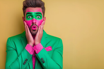 A stylish man with painted face, dressed in green, pink, and yellow tones, striking a bold pose 