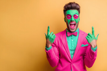 A stylish man with painted face, dressed in green, pink, and yellow tones, striking a bold pose.