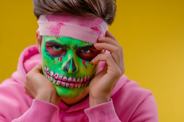 A stylish man with painted face, dressed in green, pink, and yellow tones, striking a bold pose — a vibrant and playful take on the classic Halloween theme.