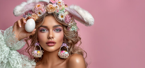 Beautiful woman in floral bunny ears holding Easter egg on pink background with copy space, ideal for spring holiday ads, greeting cards, banners, and promotional designs.