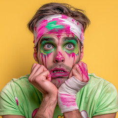 A stylish man with painted face, dressed in green, pink, and yellow tones, striking a bold pose — a vibrant and playful take on the classic Halloween theme.