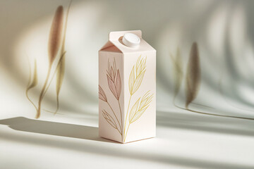 Minimalist oat milk carton with pastel oat illustrations on white background with soft meadow-inspired accents