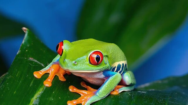 Red eyed tree frog resting on a vibrant green leaf