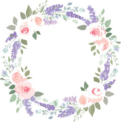 Central wreath of pastel florals like roses, peonies, and lavender leaves framing a pale pink background, ideal for stationery or cards