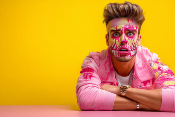A stylish man with painted face, dressed in green, pink, and yellow tones, striking a bold pose — a vibrant and playful take on the classic Halloween theme.