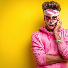 A stylish zombie dressed in green, pink, and yellow tones, striking a bold pose — a fun and colorful twist on the classic Halloween theme
