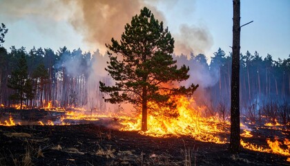 Forest fire at sunset