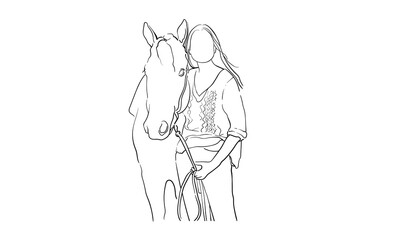 Woman with horse, continios line drawing. Horse riding. Equestrian sport outline. Vector illustration