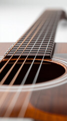 Top View of Acoustic Guitar Strings and Wood Grain on White Background with Natural Details