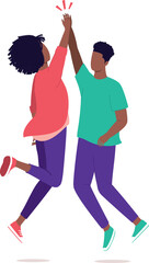 Young Black Man And Woman Jumping And Giving A High Five By Slapping Each Other’s Palms In Arms Raised.
