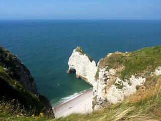 Alabaster coast in Normandy, white chalk cliffs between Etretat and Yport, France. Pure white...