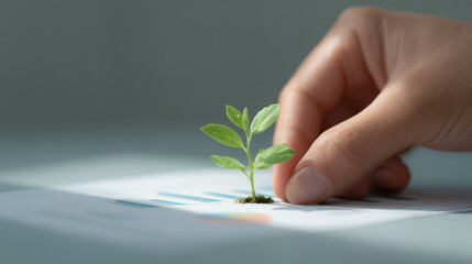 tender green sprout emerges from a financial graph, with a hand gently touching it, symbolizing the nurturing of growth, investment in sustainability, and the promising future of eco-friendly ventures