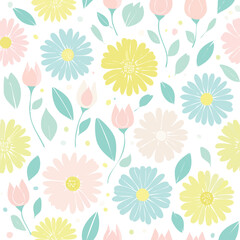 Obraz premium Simple repeating pattern of daisy and tulip flowers in pastel yellow, pink, and mint with abstract leaves