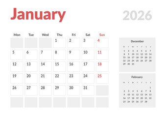 Monthly page Calendar Planner Template design of January 2026. Vector layout of calendar with week start Monday for Scheduling. Page for size A4 or 21x29.7 cm