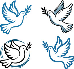 Obraz premium A white dove with black outline holding an olive branch inside a blue circle on a white background