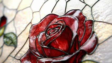 Stained glass depicting blooming red rose with green leaves - Powered by Adobe