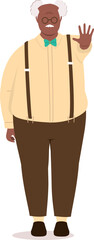 Front View Of A Plus Size Black Elderly Man Standing With One Hand Showing A Stop Gesture.