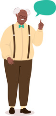One Plus Size Black Elderly Man Standing And Talking With One Finger Pointing Up.