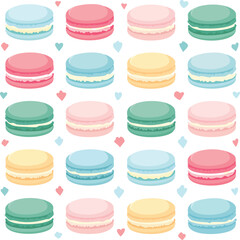 Stylized macarons in flat pastel tones arranged in playful, asymmetric pattern on a light 