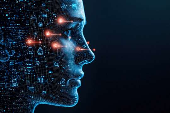 Digital face artificial intelligence technology data visualization futuristic cybernetic profile network communication security innovation human like algorithm digital art virtual information - Powered by Adobe