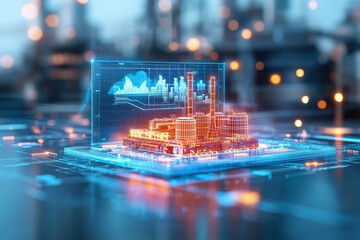 Digital energy audit technology enhances industrial power efficiency through AI optimization, showcasing futuristic power plant model with data visualization