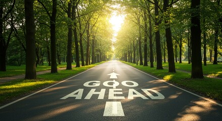 Obraz premium Sunny road lined with green trees shows a 