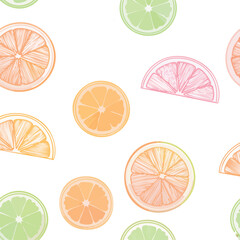 Obraz premium A seamless pattern of outlined fruits (orange, kiwi and apple) in thin lines and filled with