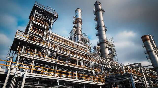 Petrochemical plant refining petroleum products with industrial chimneys and pipes under cloudy sky