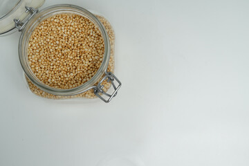 Overhead View of Organic Puffed Grain in a Glass Jar